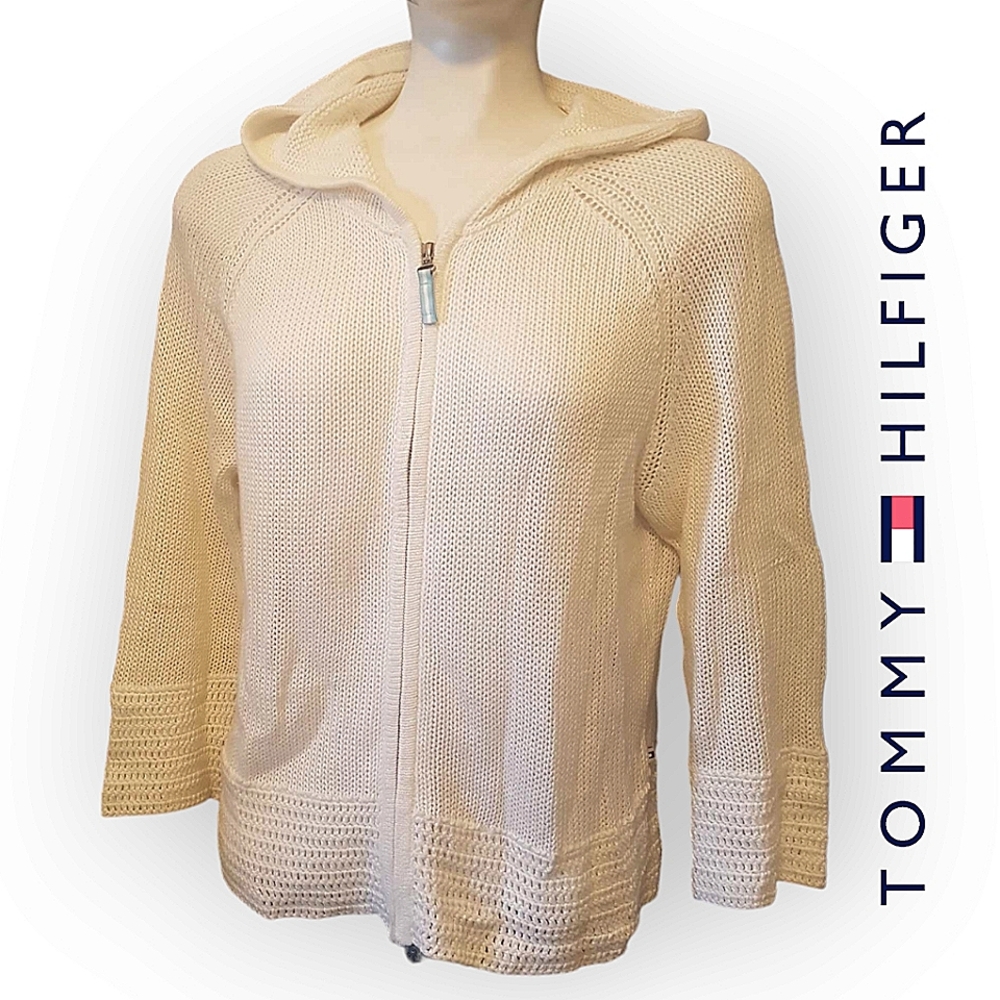 Tommy Hilfiger coastal light crochet knit look hooded zip up sweater size large